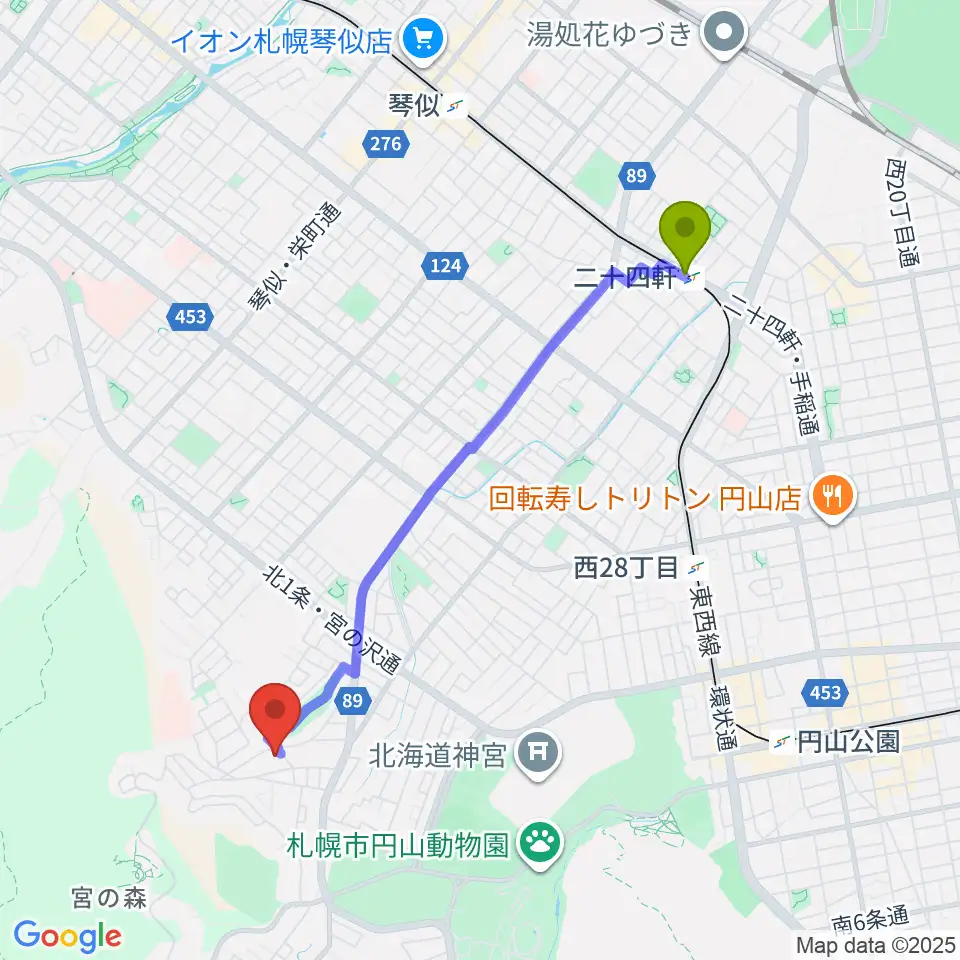 二十四軒駅から本郷新記念札幌彫刻美術館へのルートマップ地図