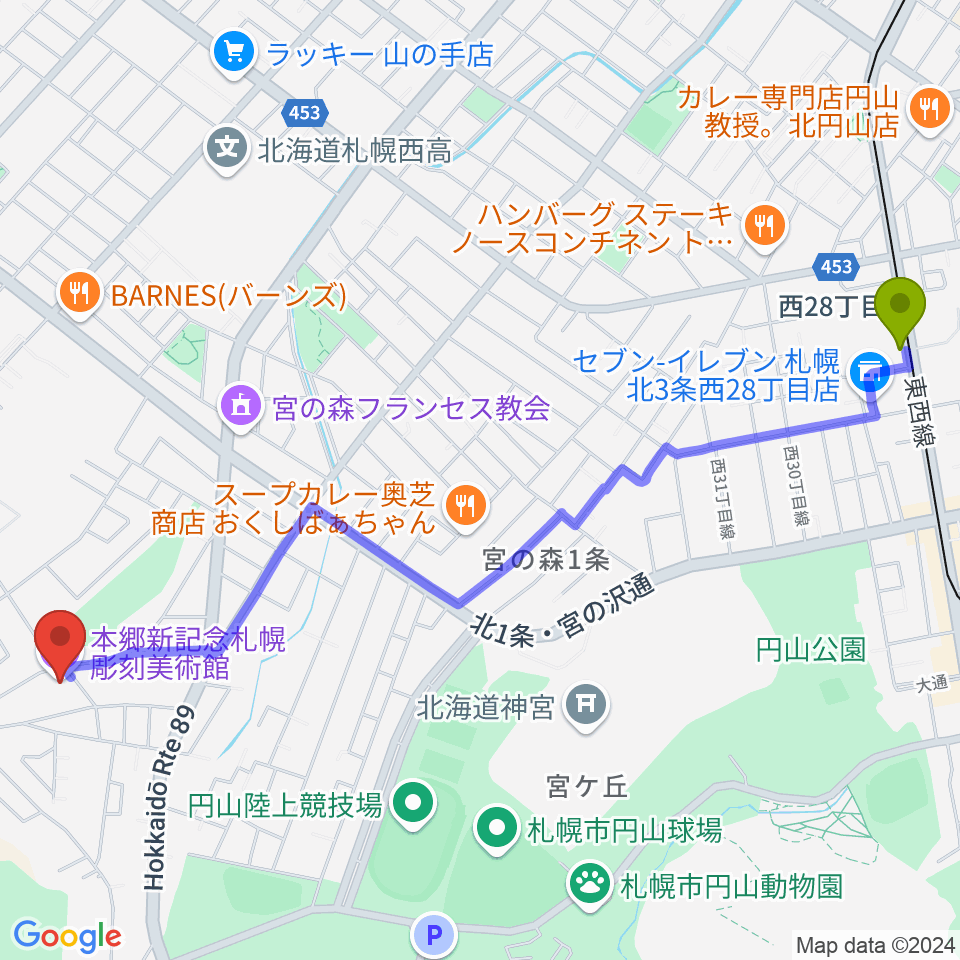 本郷新記念札幌彫刻美術館の最寄駅西２８丁目駅からの徒歩ルート（約26分）地図