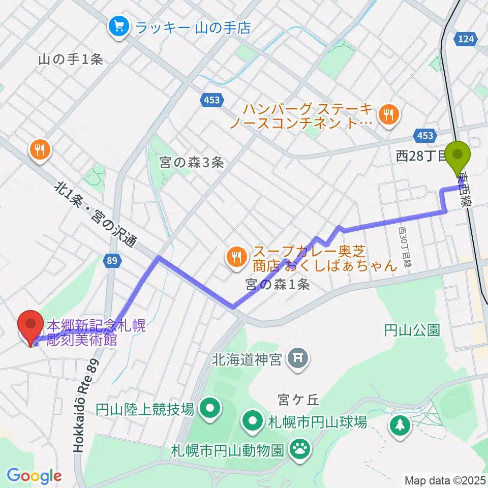 本郷新記念札幌彫刻美術館の最寄駅西２８丁目駅からの徒歩ルート（約26分）地図