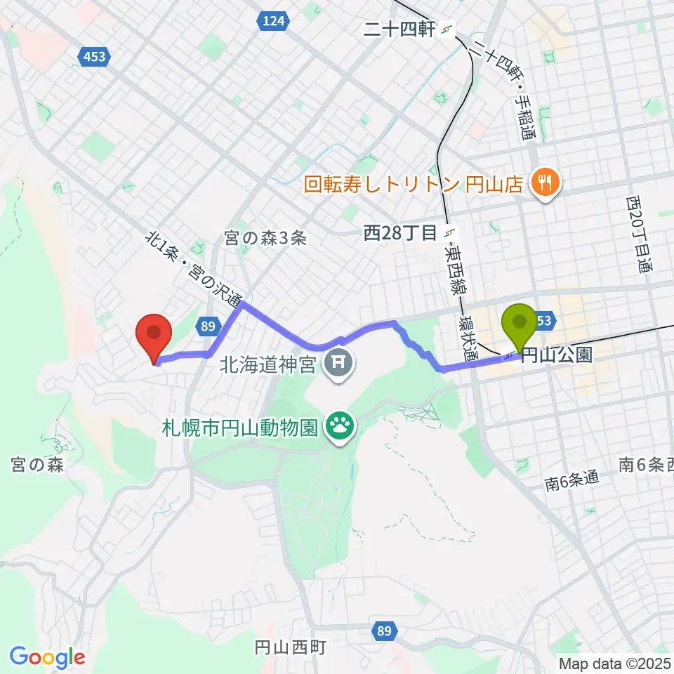 円山公園駅から本郷新記念札幌彫刻美術館へのルートマップ地図