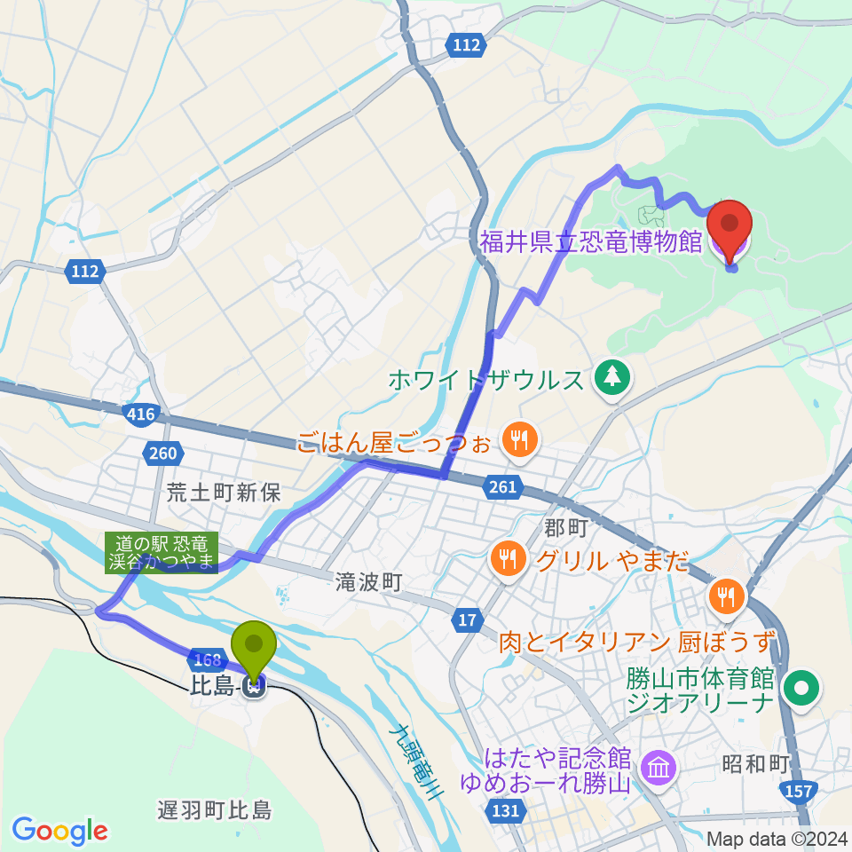 福井県立恐竜博物館の最寄駅比島駅からの徒歩ルート（約46分）地図