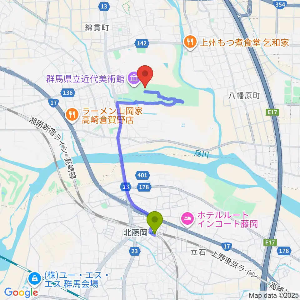 群馬県立歴史博物館の最寄駅北藤岡駅からの徒歩ルート（約30分）地図