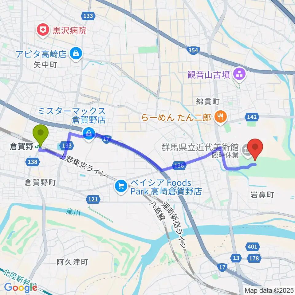 倉賀野駅から群馬県立歴史博物館へのルートマップ地図