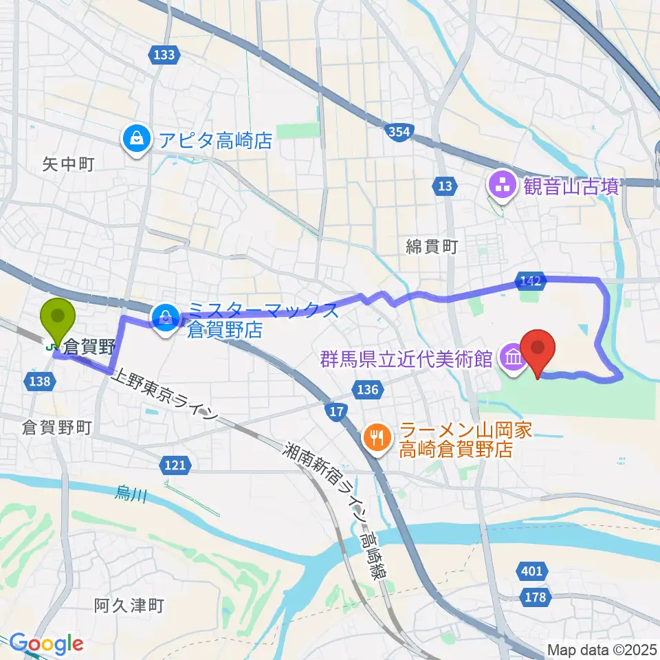 倉賀野駅から群馬県立歴史博物館へのルートマップ地図