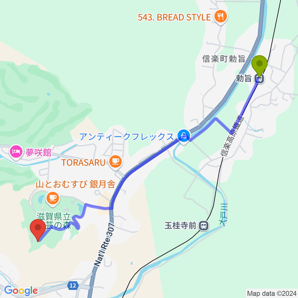 勅旨駅から滋賀県立陶芸の森陶芸館へのルートマップ地図