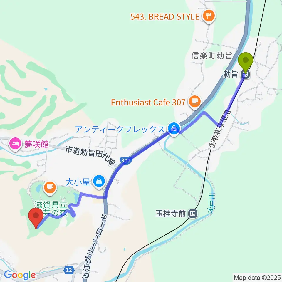 勅旨駅から滋賀県立陶芸の森へのルートマップ地図
