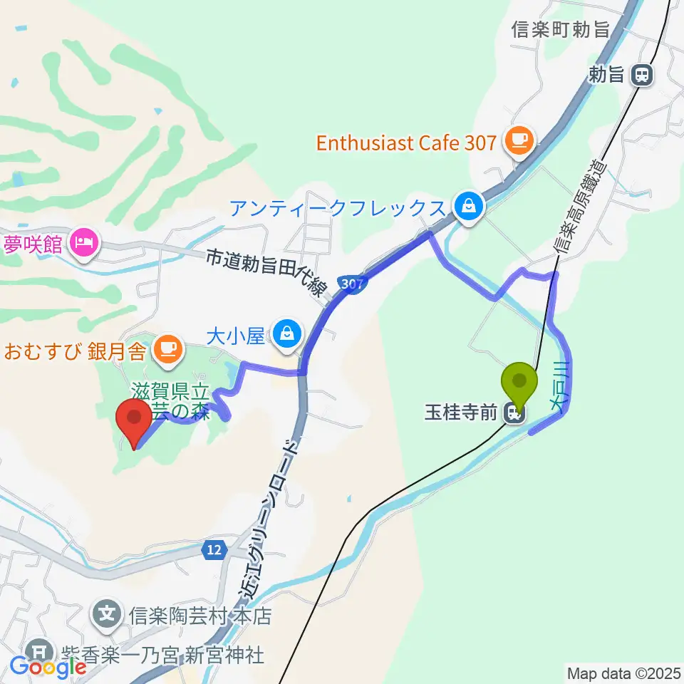 玉桂寺前駅から滋賀県立陶芸の森へのルートマップ地図