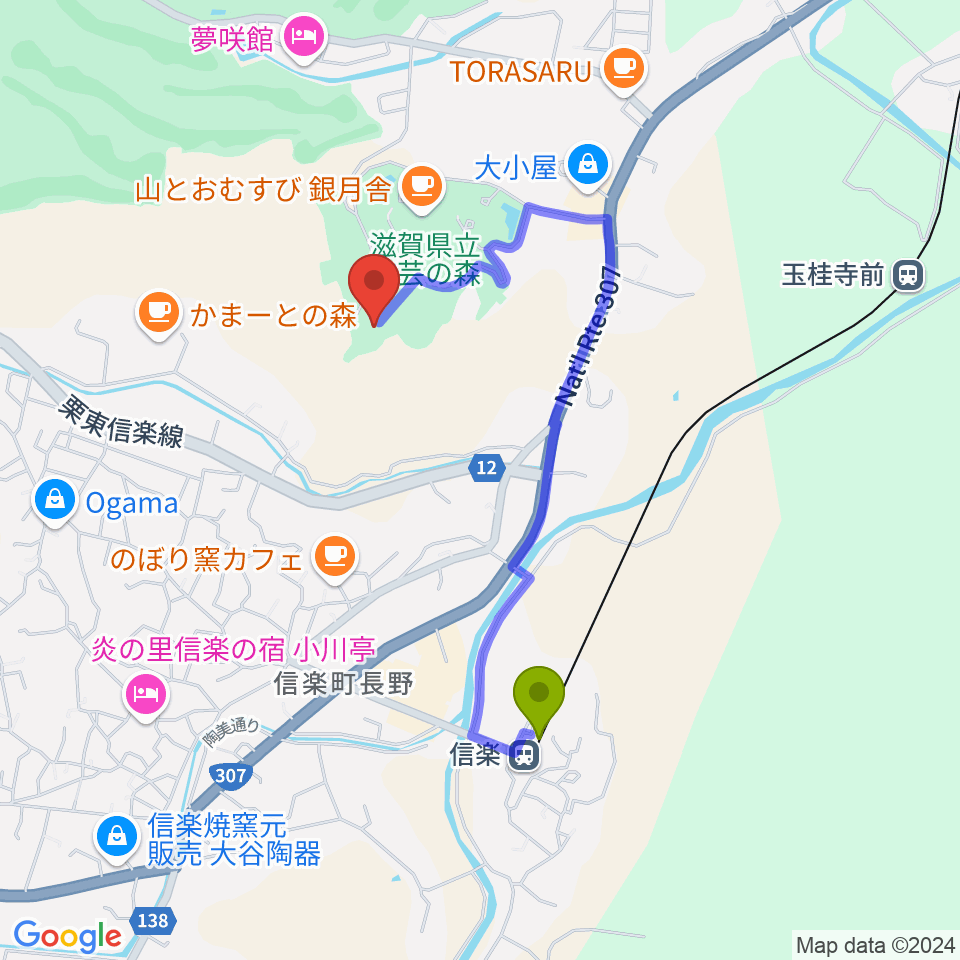 滋賀県立陶芸の森陶芸館の最寄駅信楽駅からの徒歩ルート（約14分）地図