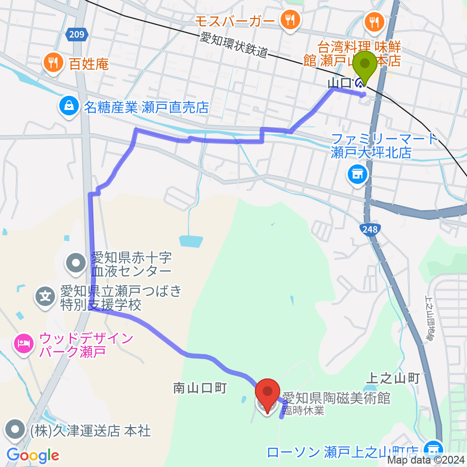 山口駅から愛知県陶磁美術館へのルートマップ地図