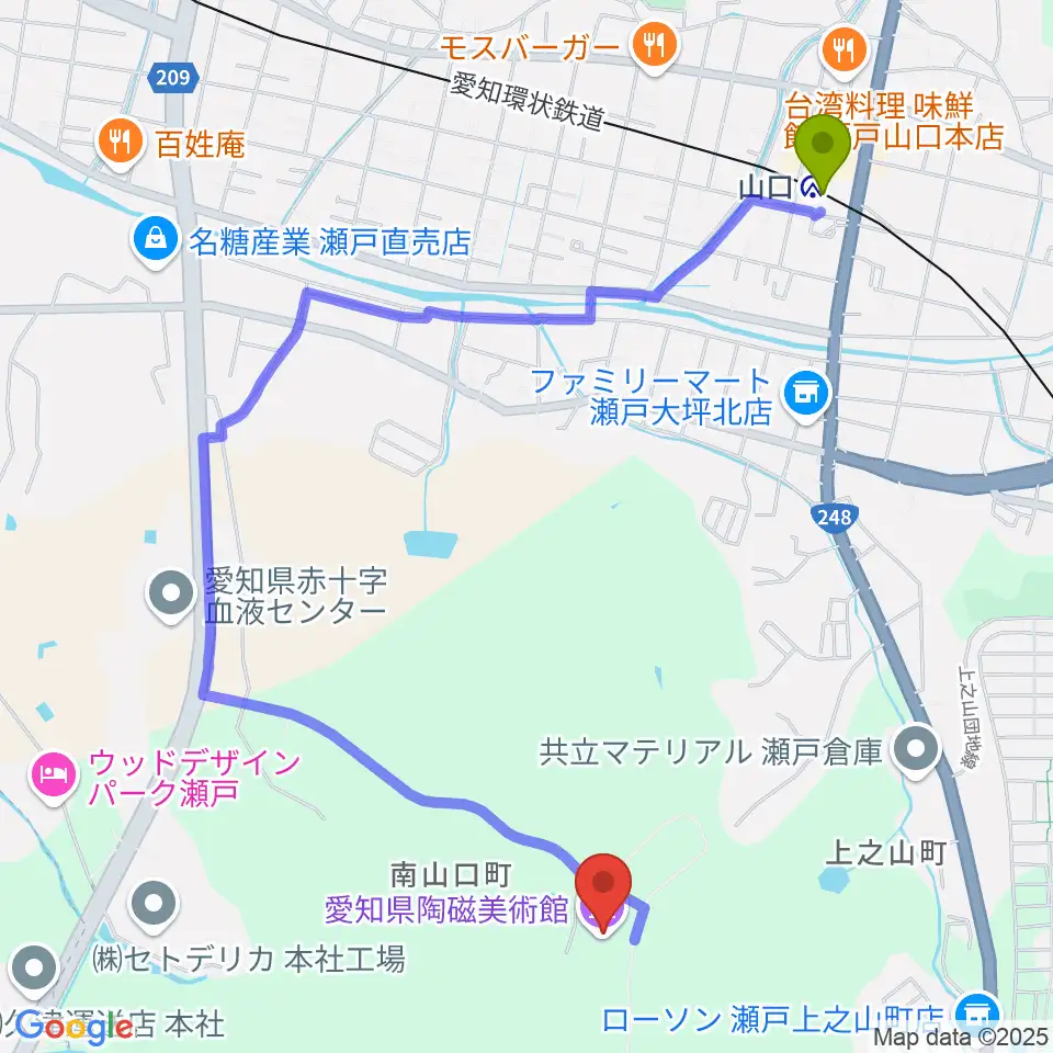 山口駅から愛知県陶磁美術館へのルートマップ地図