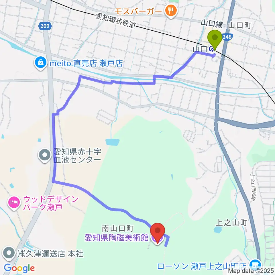 山口駅から愛知県陶磁美術館へのルートマップ地図