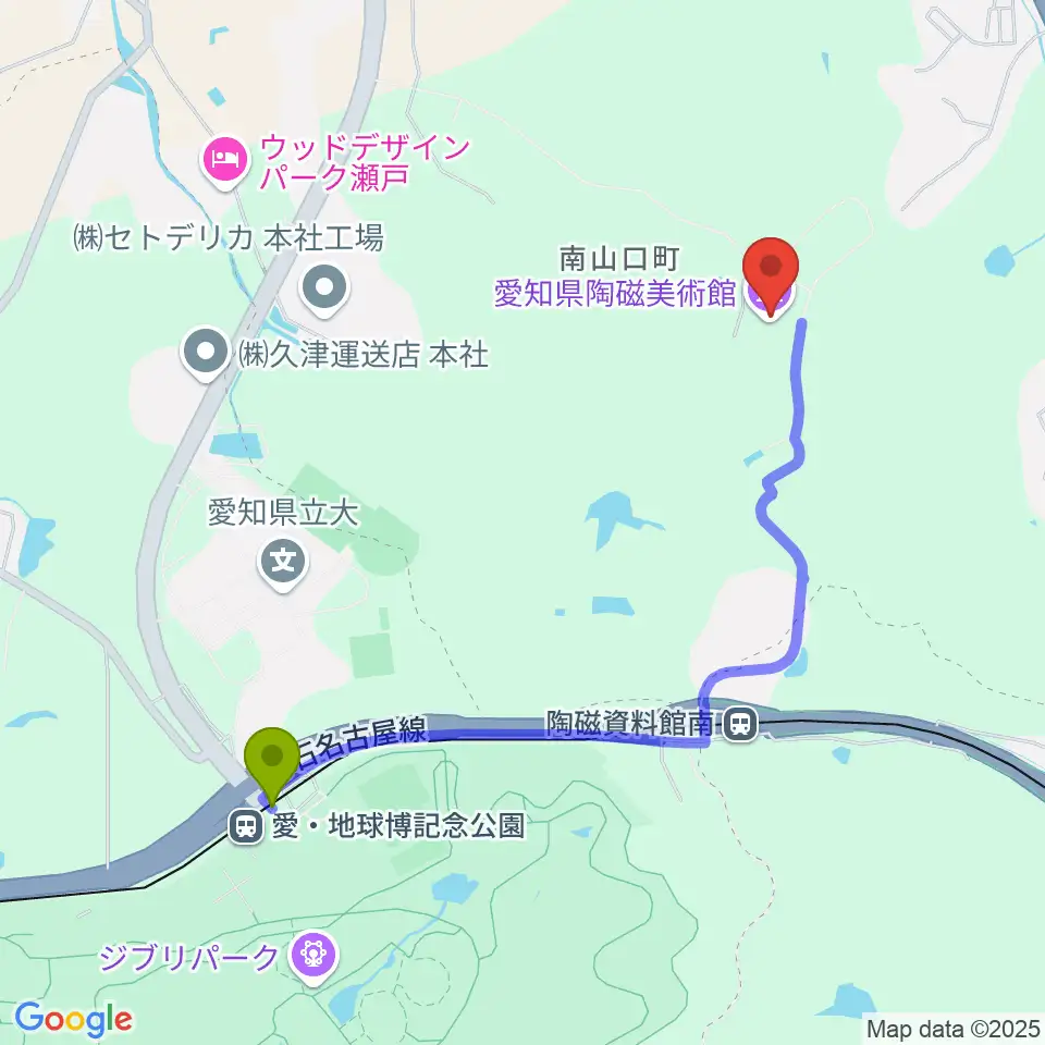 愛・地球博記念公園駅から愛知県陶磁美術館へのルートマップ地図