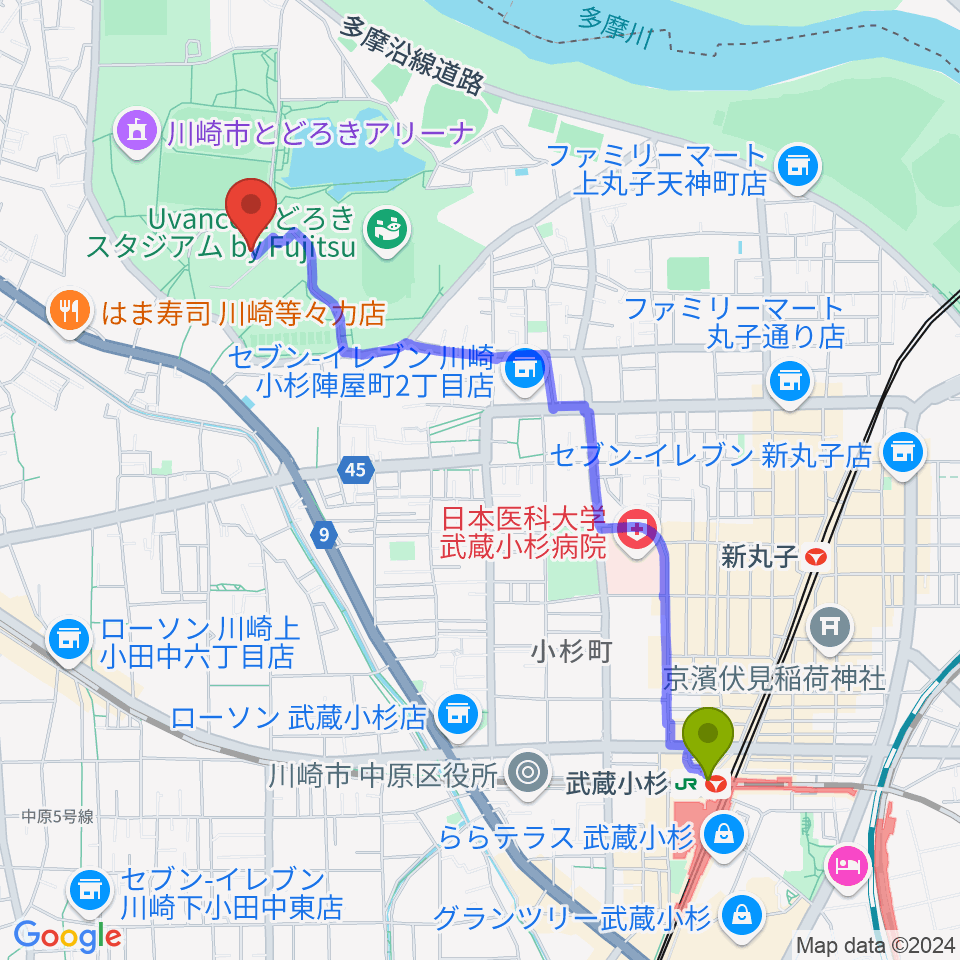 武蔵小杉駅から川崎市等々力球場へのルートマップ地図