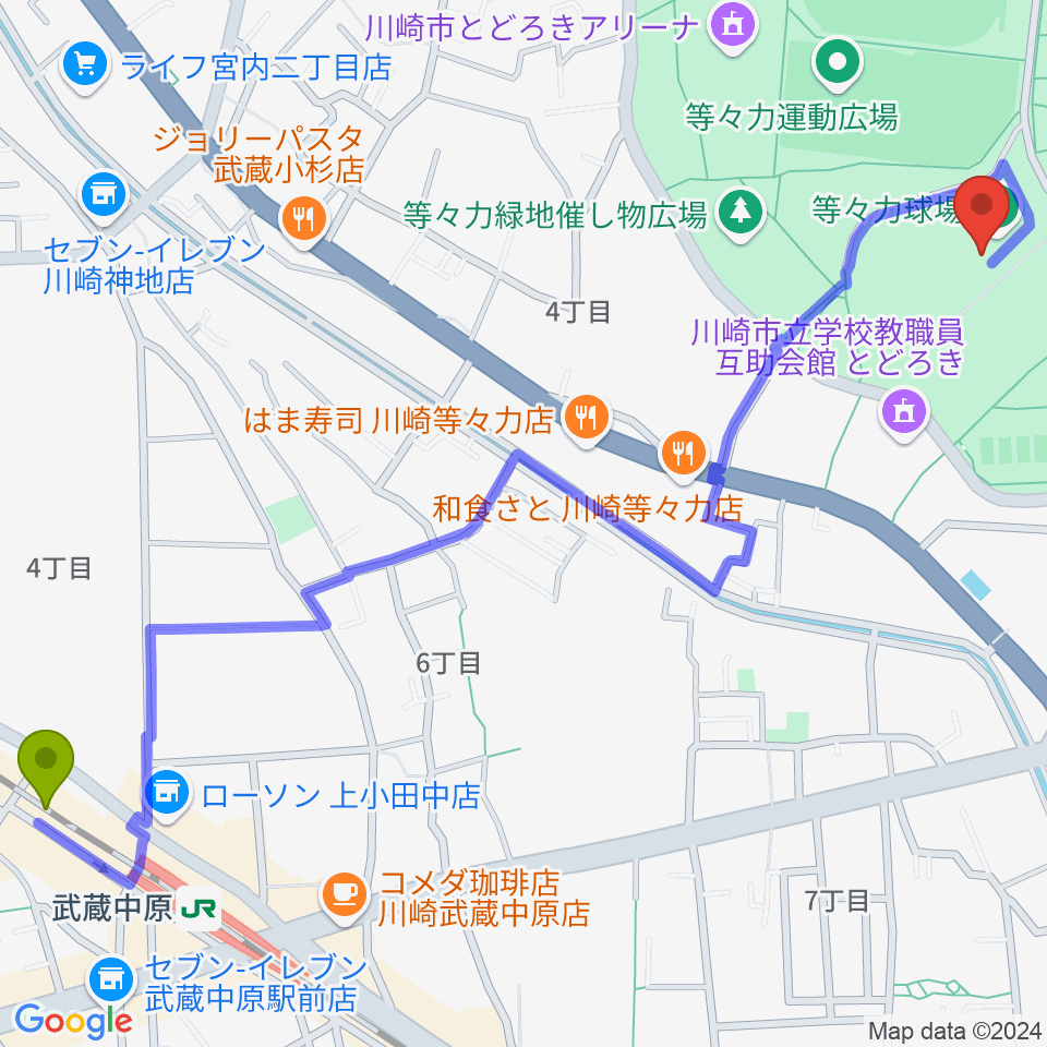 川崎市等々力球場の最寄駅武蔵中原駅からの徒歩ルート（約16分）地図