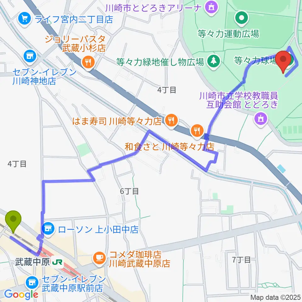 川崎市等々力球場の最寄駅武蔵中原駅からの徒歩ルート（約16分）地図