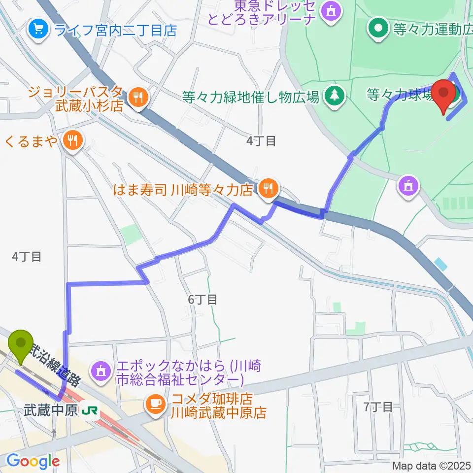 川崎市等々力球場の最寄駅武蔵中原駅からの徒歩ルート（約16分）地図