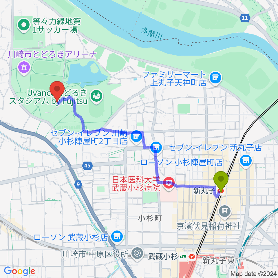 新丸子駅から川崎市等々力球場へのルートマップ地図