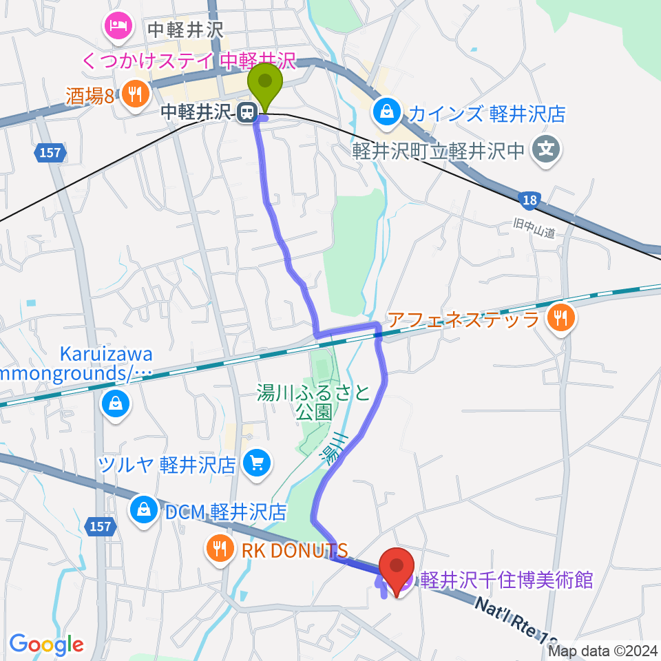 軽井沢千住博美術館の最寄駅中軽井沢駅からの徒歩ルート（約23分）地図