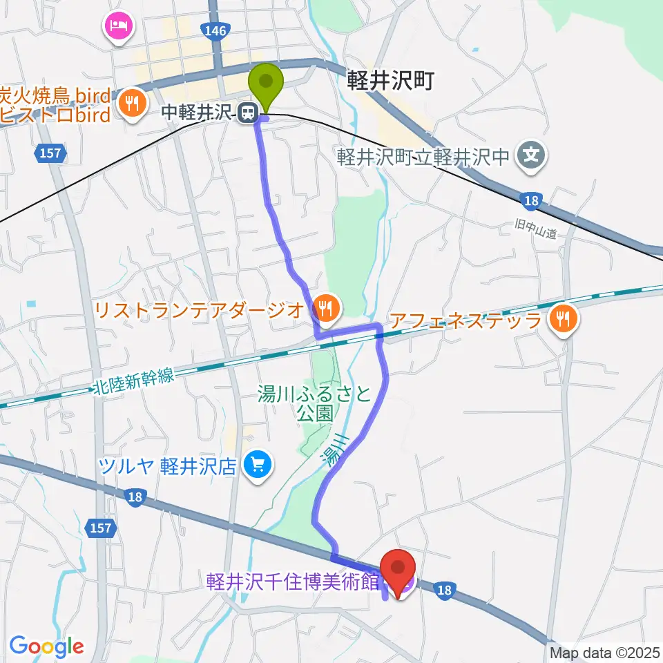 軽井沢千住博美術館の最寄駅中軽井沢駅からの徒歩ルート（約23分）地図