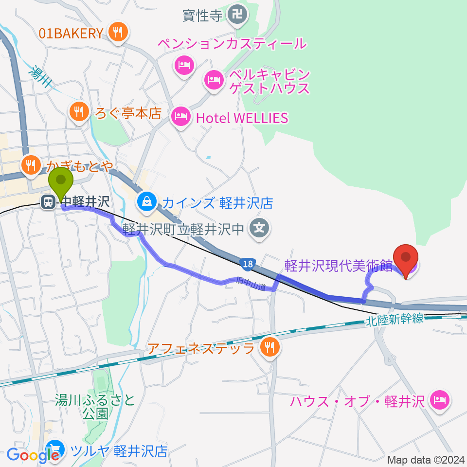 軽井沢現代美術館の最寄駅中軽井沢駅からの徒歩ルート（約23分）地図