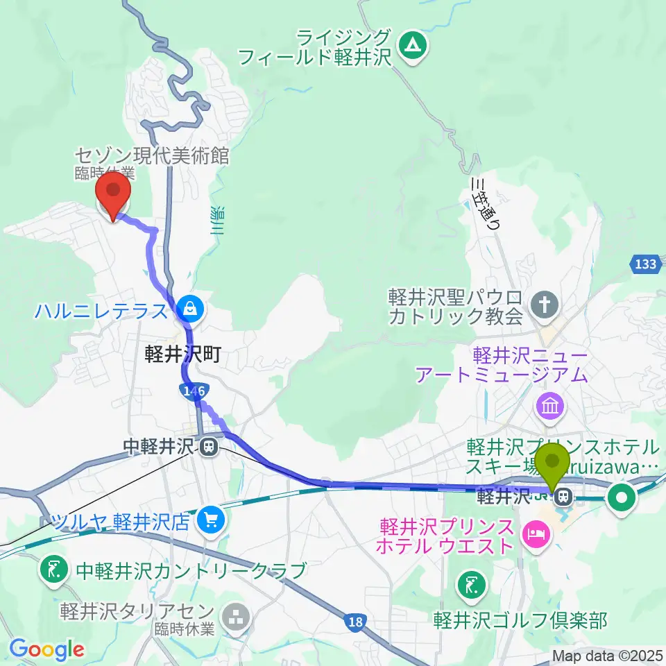軽井沢駅からセゾン現代美術館へのルートマップ地図