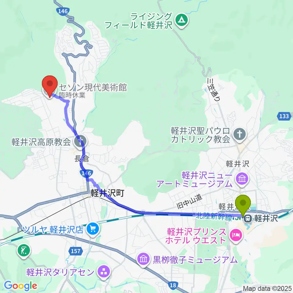 軽井沢駅からセゾン現代美術館へのルートマップ地図