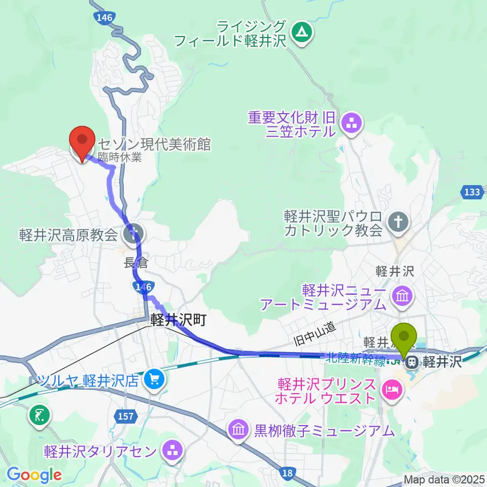 軽井沢駅からセゾン現代美術館へのルートマップ地図