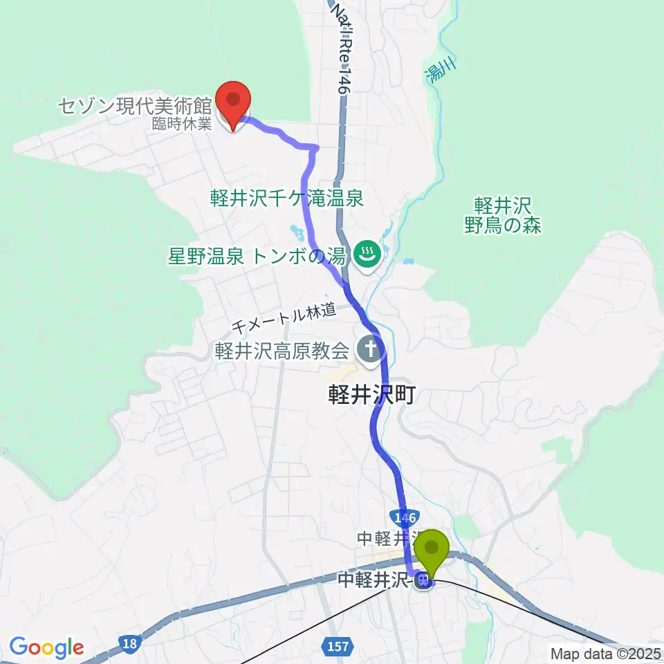 セゾン現代美術館の最寄駅中軽井沢駅からの徒歩ルート（約45分）地図