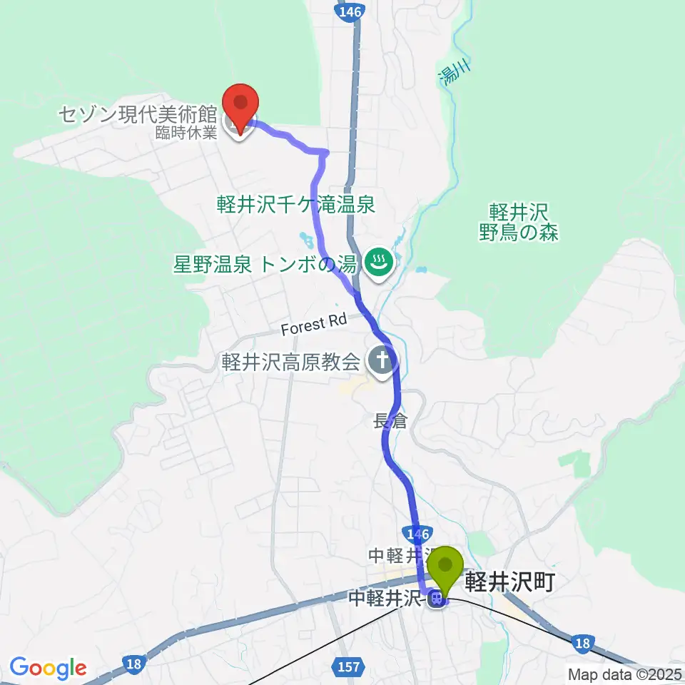 セゾン現代美術館の最寄駅中軽井沢駅からの徒歩ルート（約45分）地図