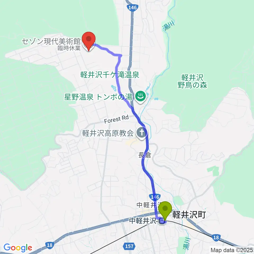 セゾン現代美術館の最寄駅中軽井沢駅からの徒歩ルート（約45分）地図