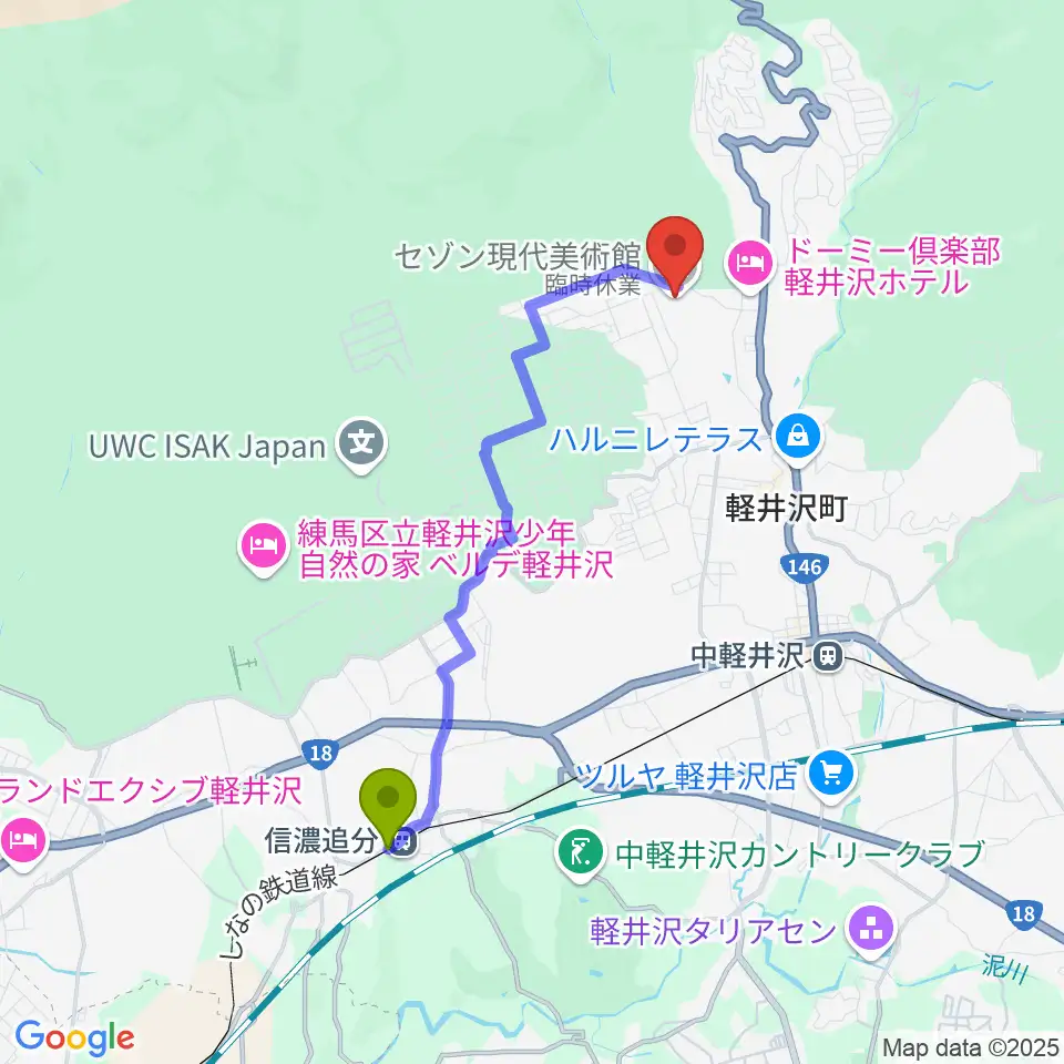 信濃追分駅からセゾン現代美術館へのルートマップ地図
