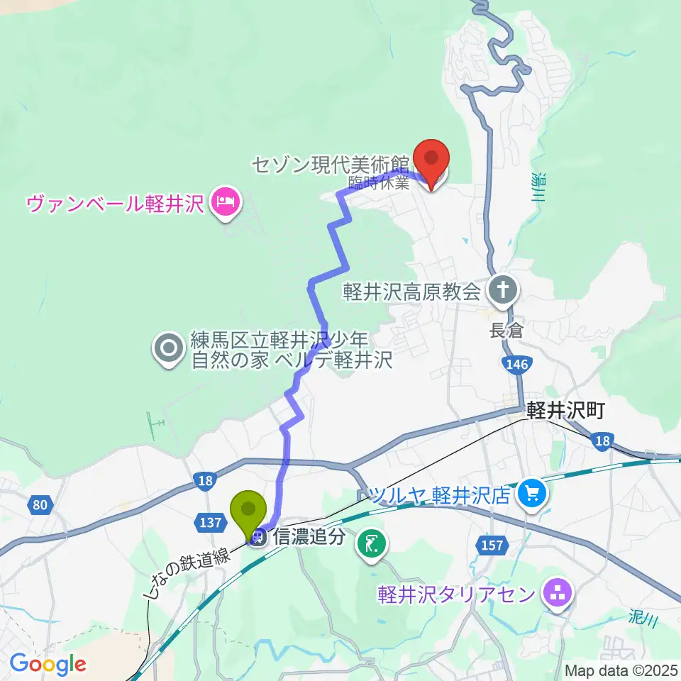 信濃追分駅からセゾン現代美術館へのルートマップ地図