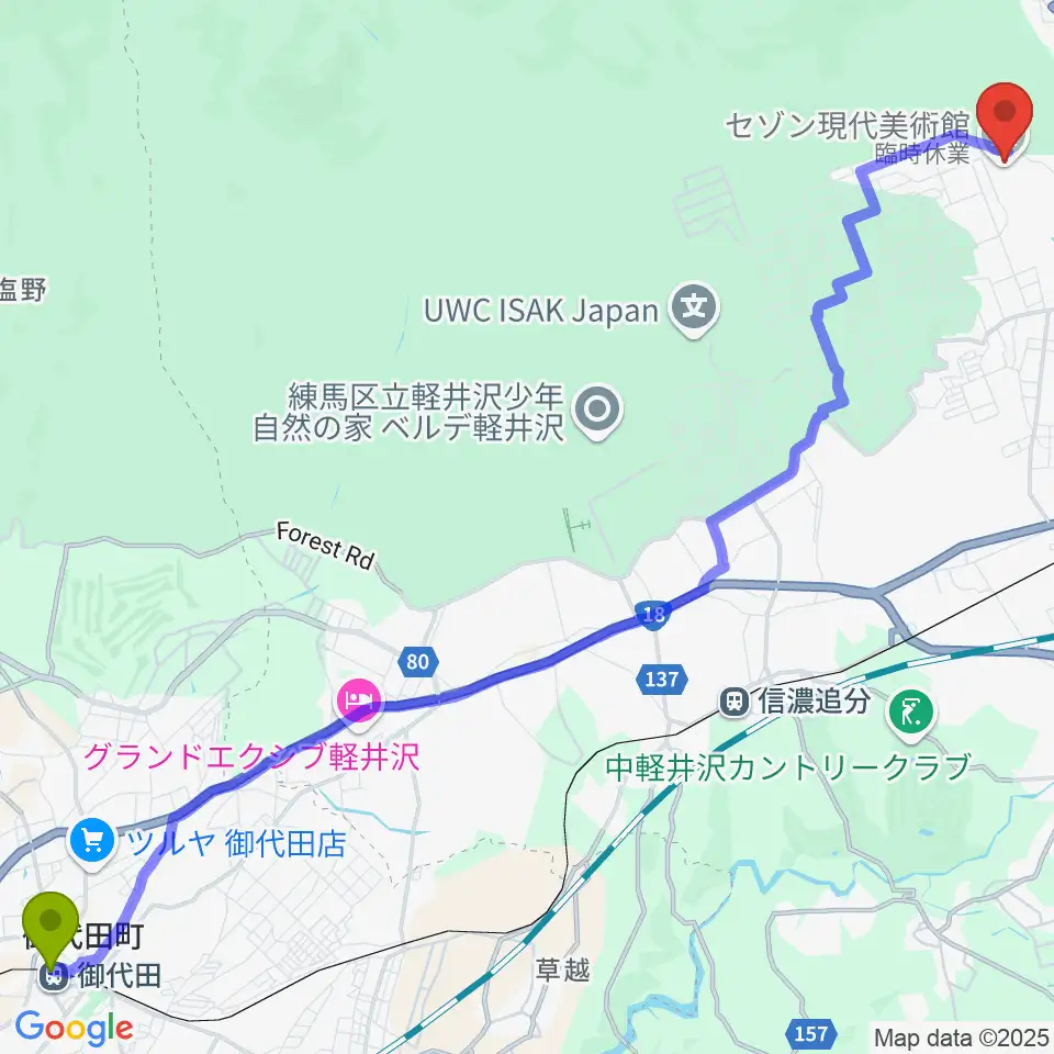 御代田駅からセゾン現代美術館へのルートマップ地図