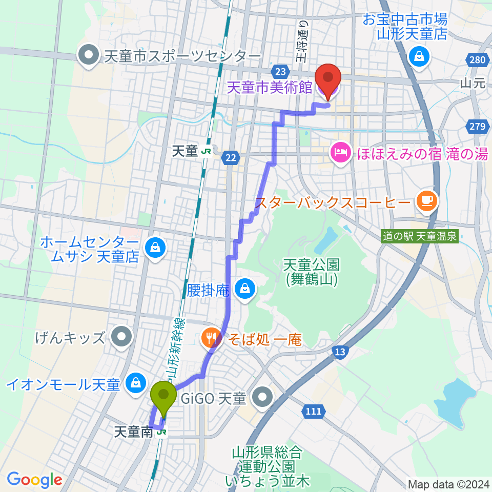 天童南駅から天童市美術館へのルートマップ地図