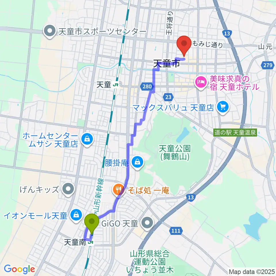 天童南駅から天童市美術館へのルートマップ地図