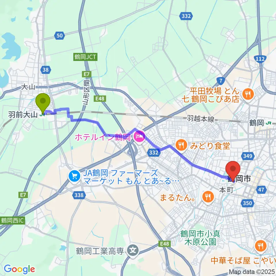 羽前大山駅から鶴岡アートフォーラムへのルートマップ地図