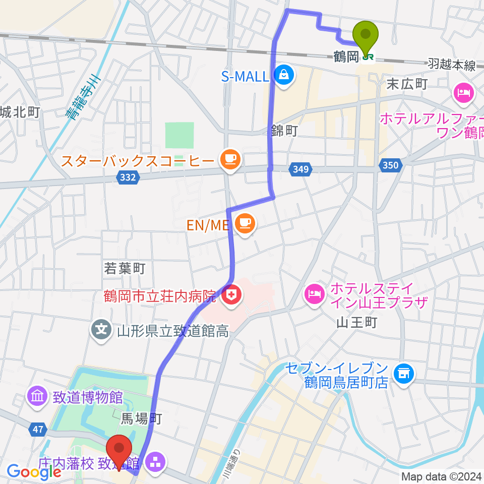 鶴岡アートフォーラムの最寄駅鶴岡駅からの徒歩ルート（約30分）地図