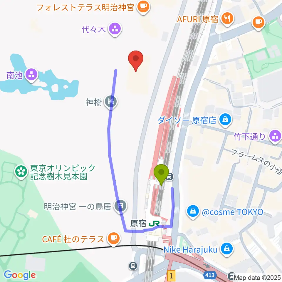 明治神宮ミュージアムの最寄駅原宿駅からの徒歩ルート（約3分）地図