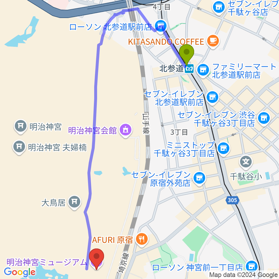 北参道駅から明治神宮ミュージアムへのルートマップ地図