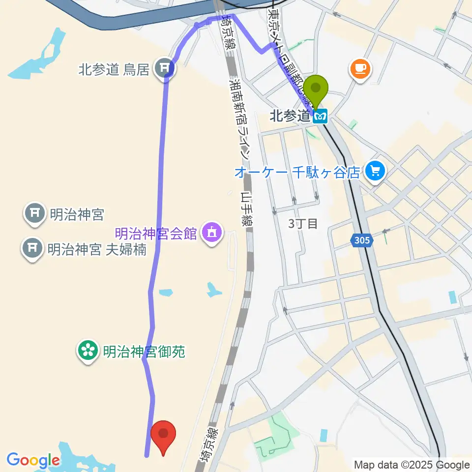 北参道駅から明治神宮ミュージアムへのルートマップ地図