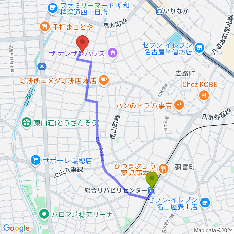 総合リハビリセンター駅から昭和美術館へのルートマップ地図