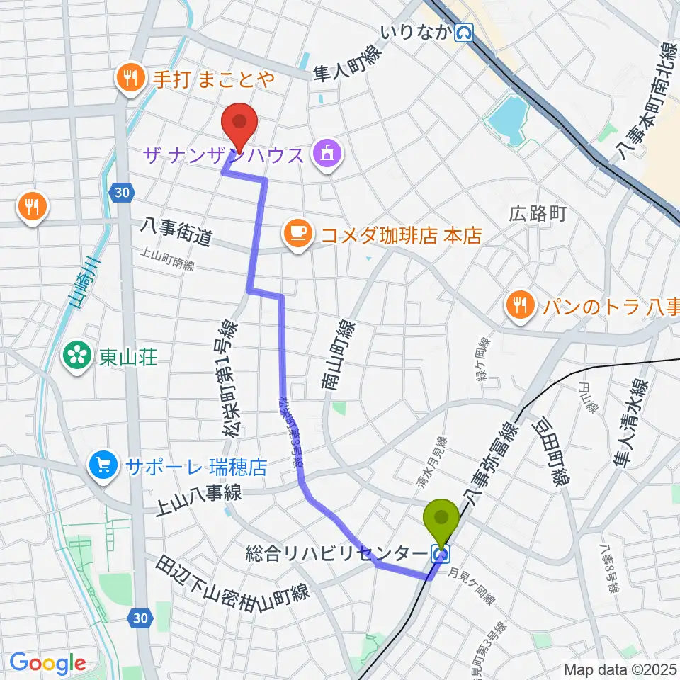 総合リハビリセンター駅から昭和美術館へのルートマップ地図