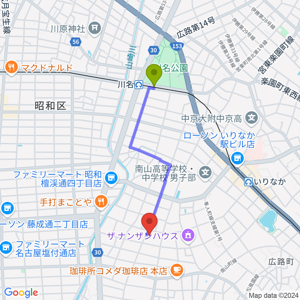 川名駅から昭和美術館へのルートマップ地図