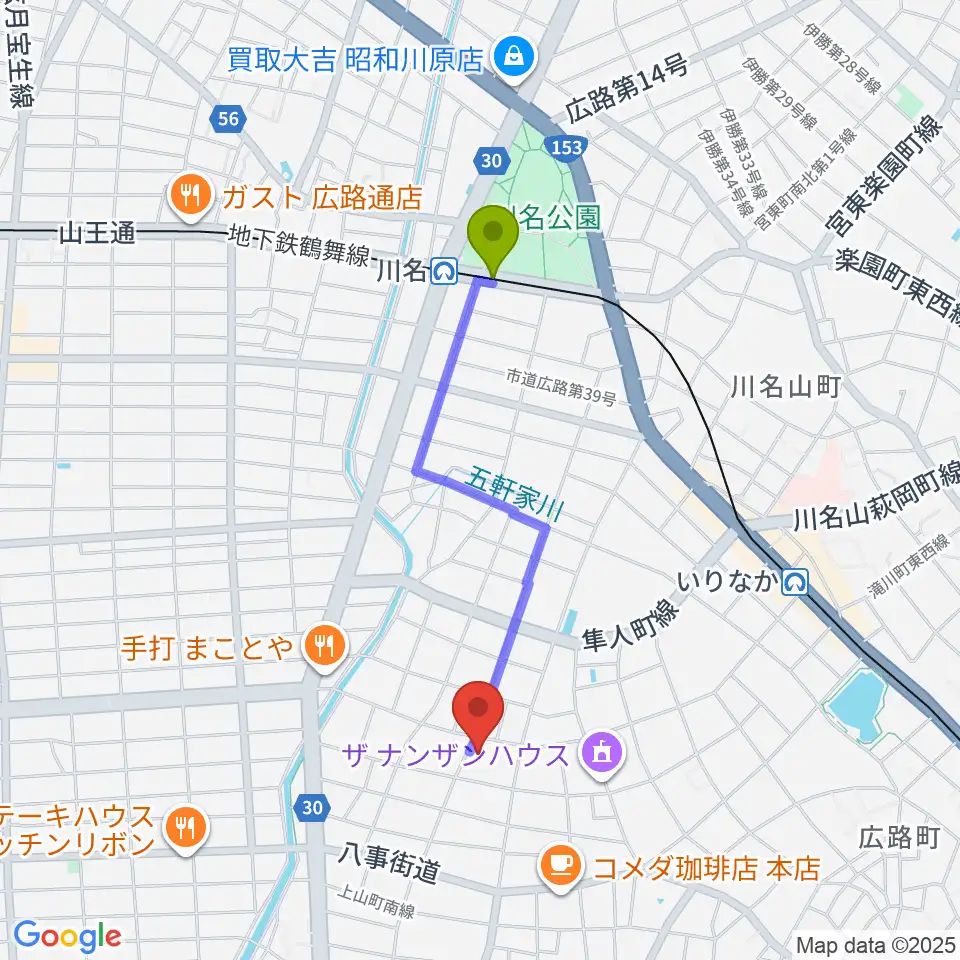 川名駅から昭和美術館へのルートマップ地図