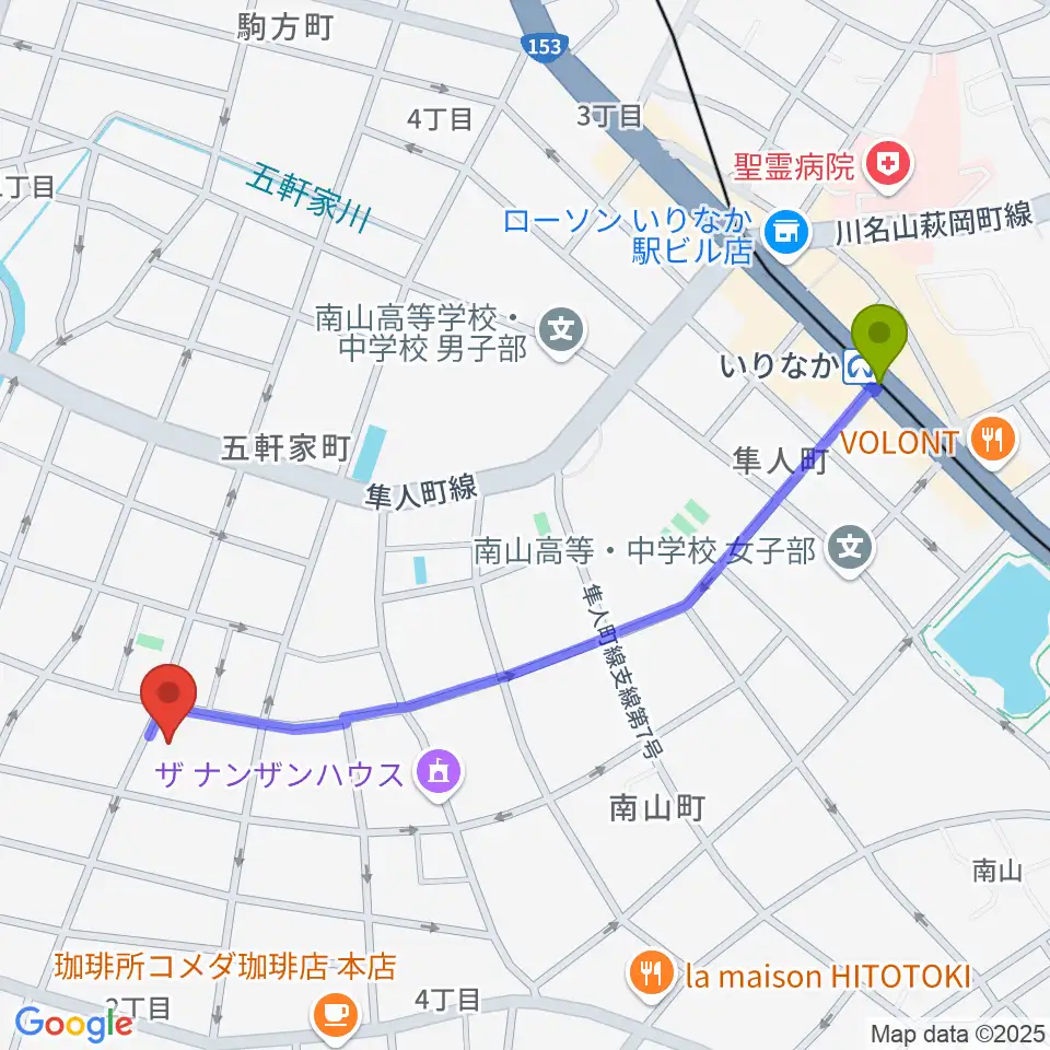 昭和美術館の最寄駅いりなか駅からの徒歩ルート（約12分）地図