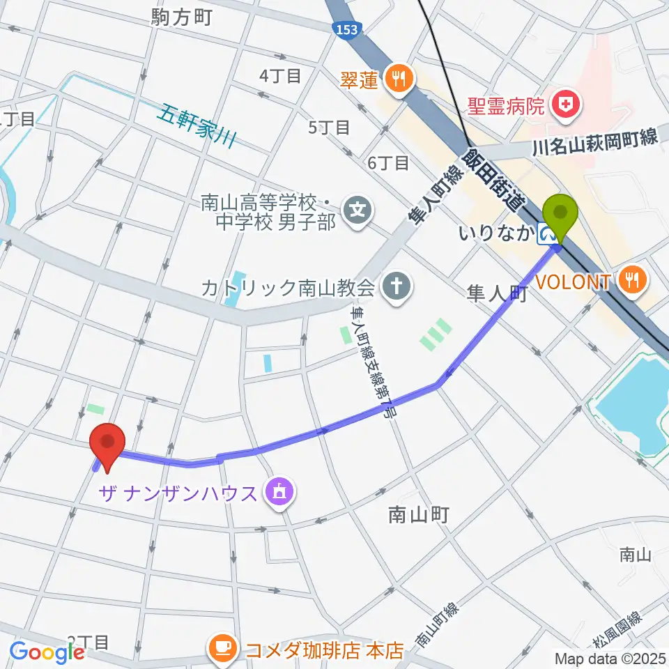 昭和美術館の最寄駅いりなか駅からの徒歩ルート（約12分）地図