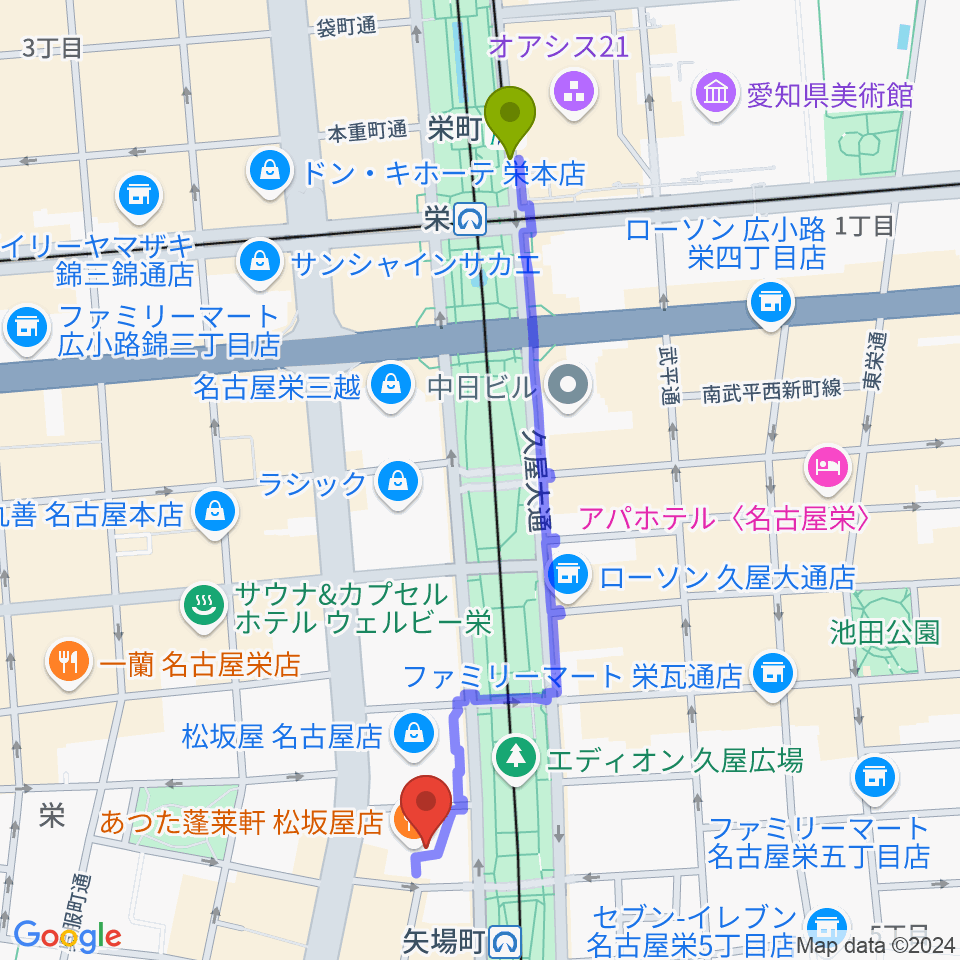 栄町駅から松坂屋美術館へのルートマップ地図