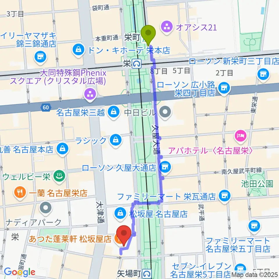 栄町駅から松坂屋美術館へのルートマップ地図