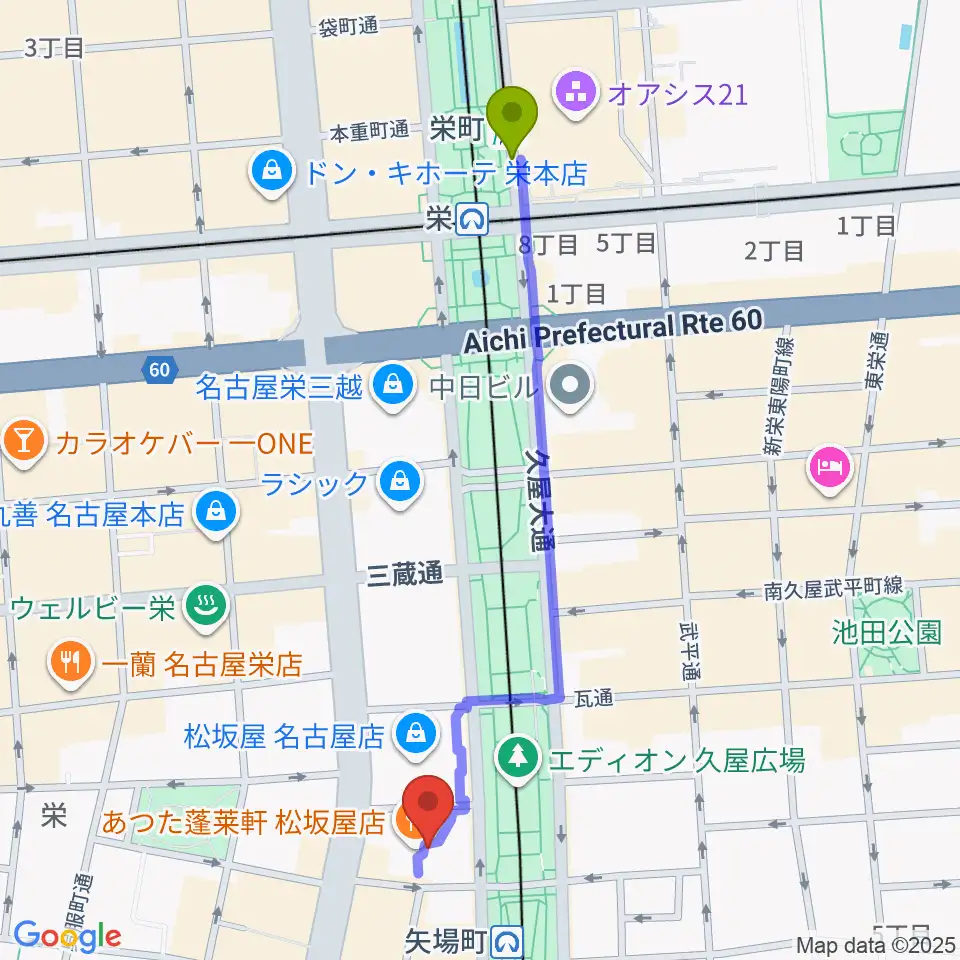 栄町駅から松坂屋美術館へのルートマップ地図
