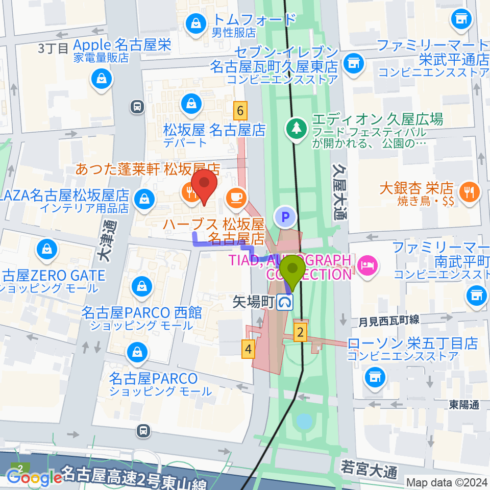 松坂屋美術館の最寄駅矢場町駅からの徒歩ルート（約2分）地図